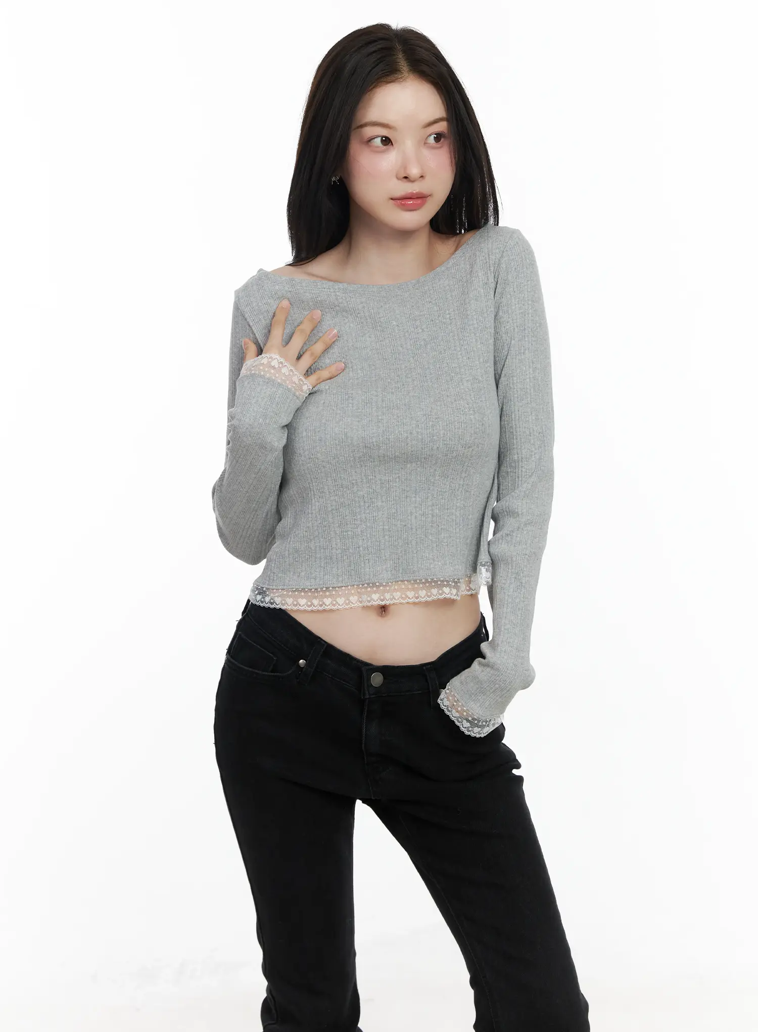 Heart Lace Frill Hem Boat-Neck Top IF520 - Image 13