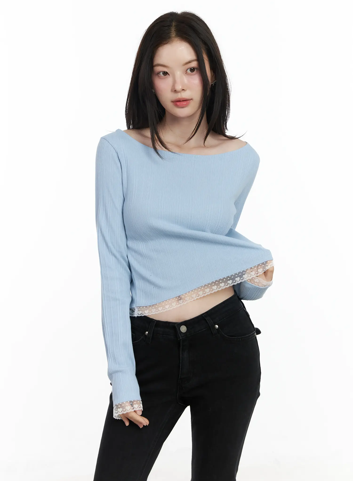 Heart Lace Frill Hem Boat-Neck Top IF520 - Image 2