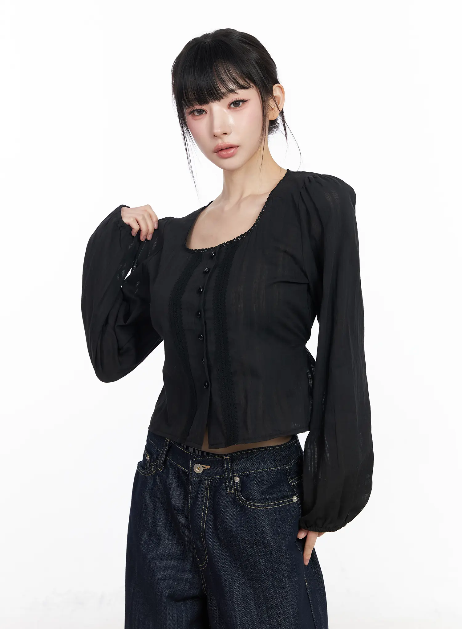 Lace Button-Front Square Neck Blouse CF518 - Image 10