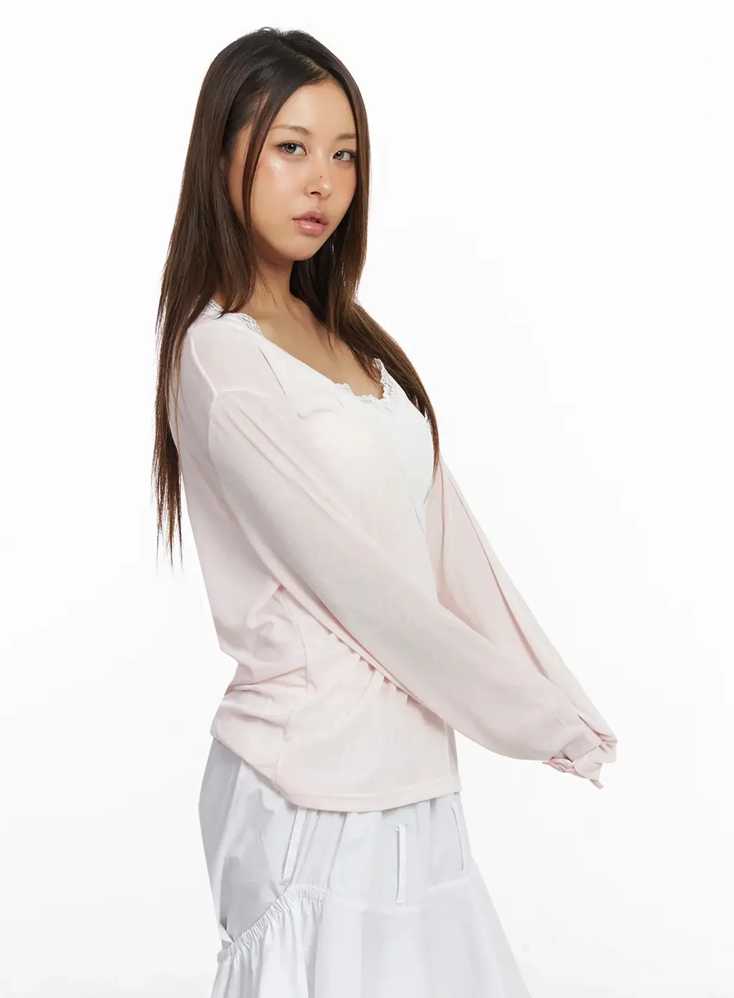 Lace Trim V-Neck Relaxed Top IY504 - Image 9