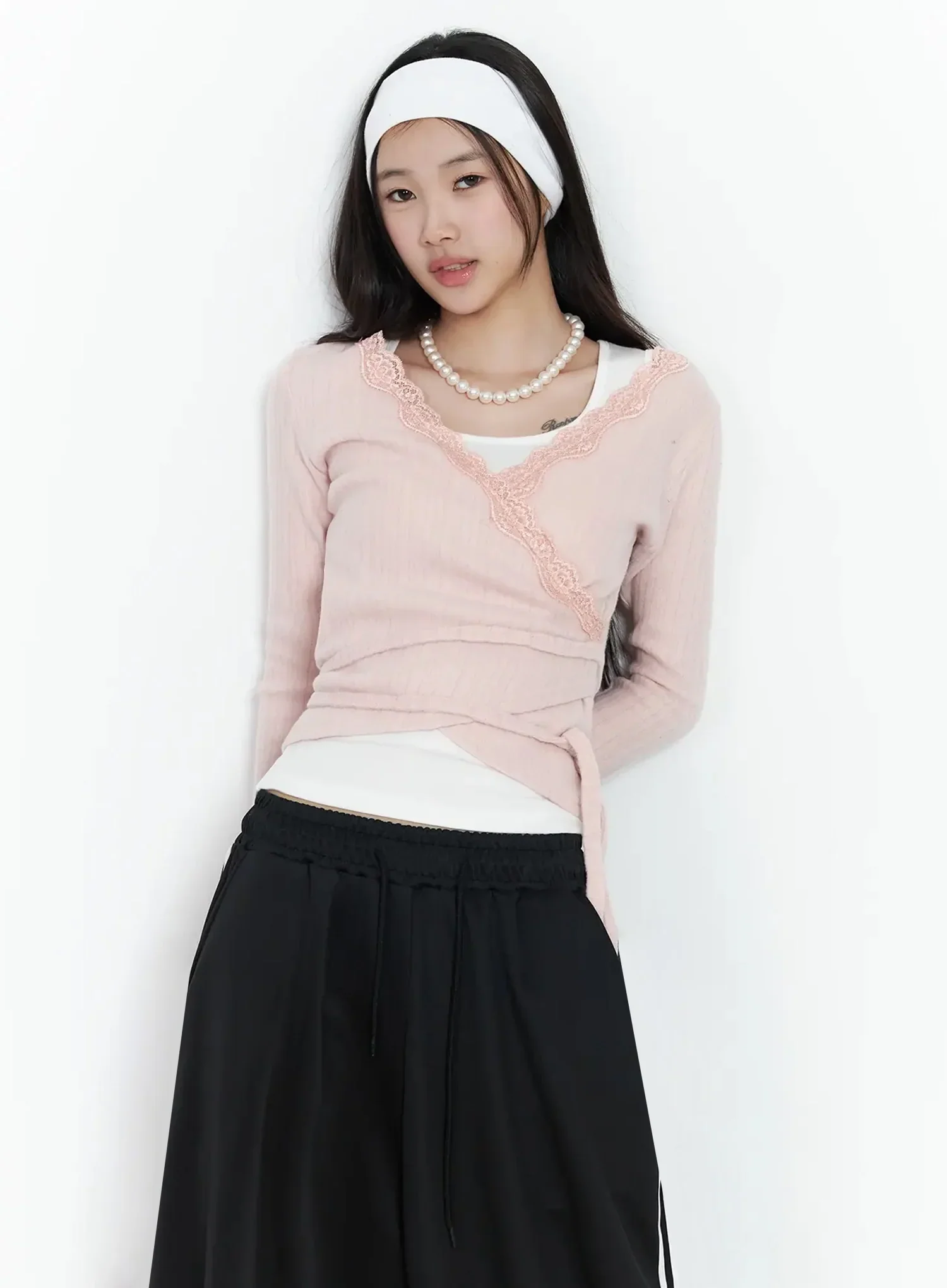 Lace Trim V-Neck Wrap Top IM506
