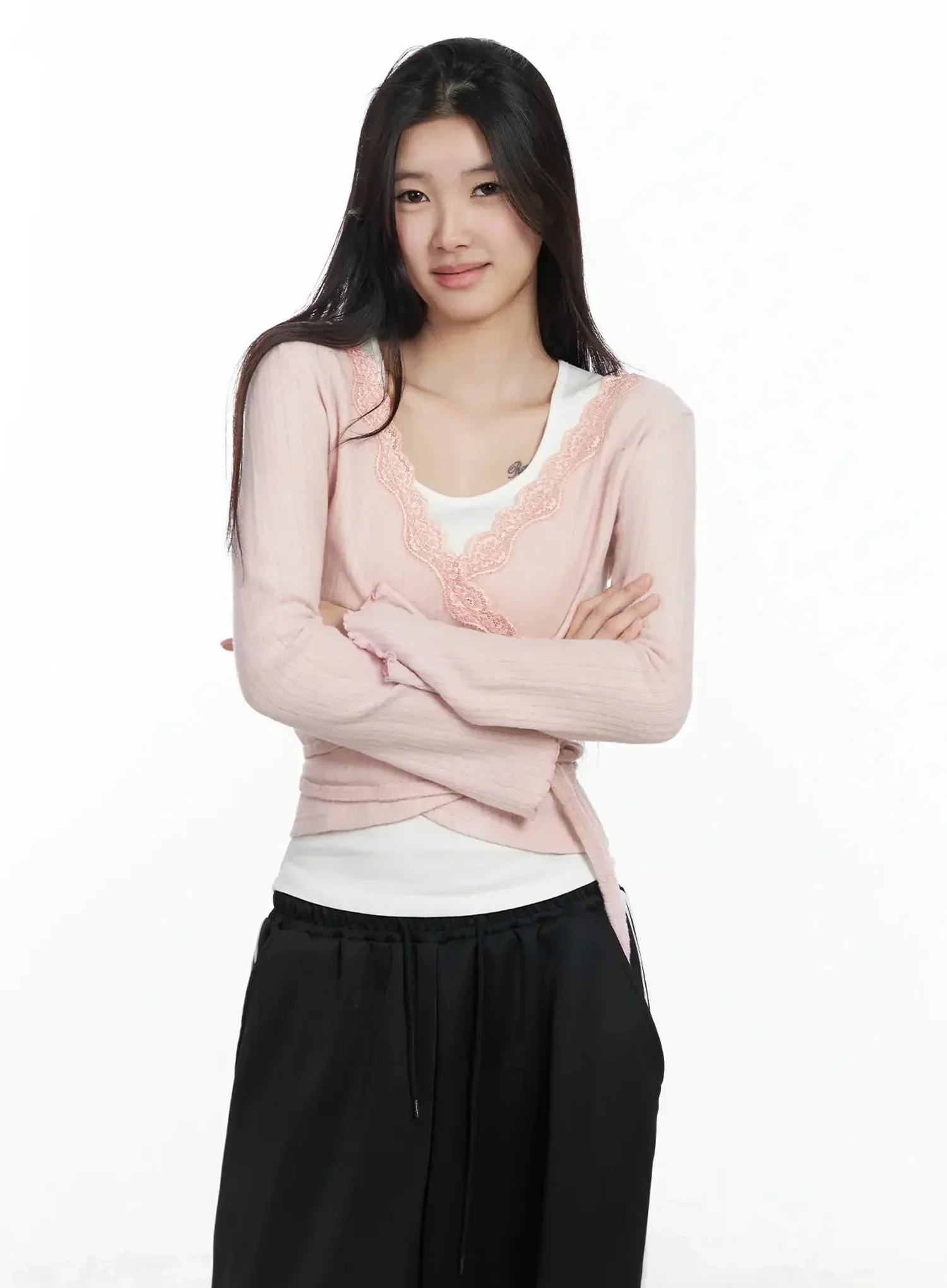 Lace Trim V-Neck Wrap Top IM506 - Image 3