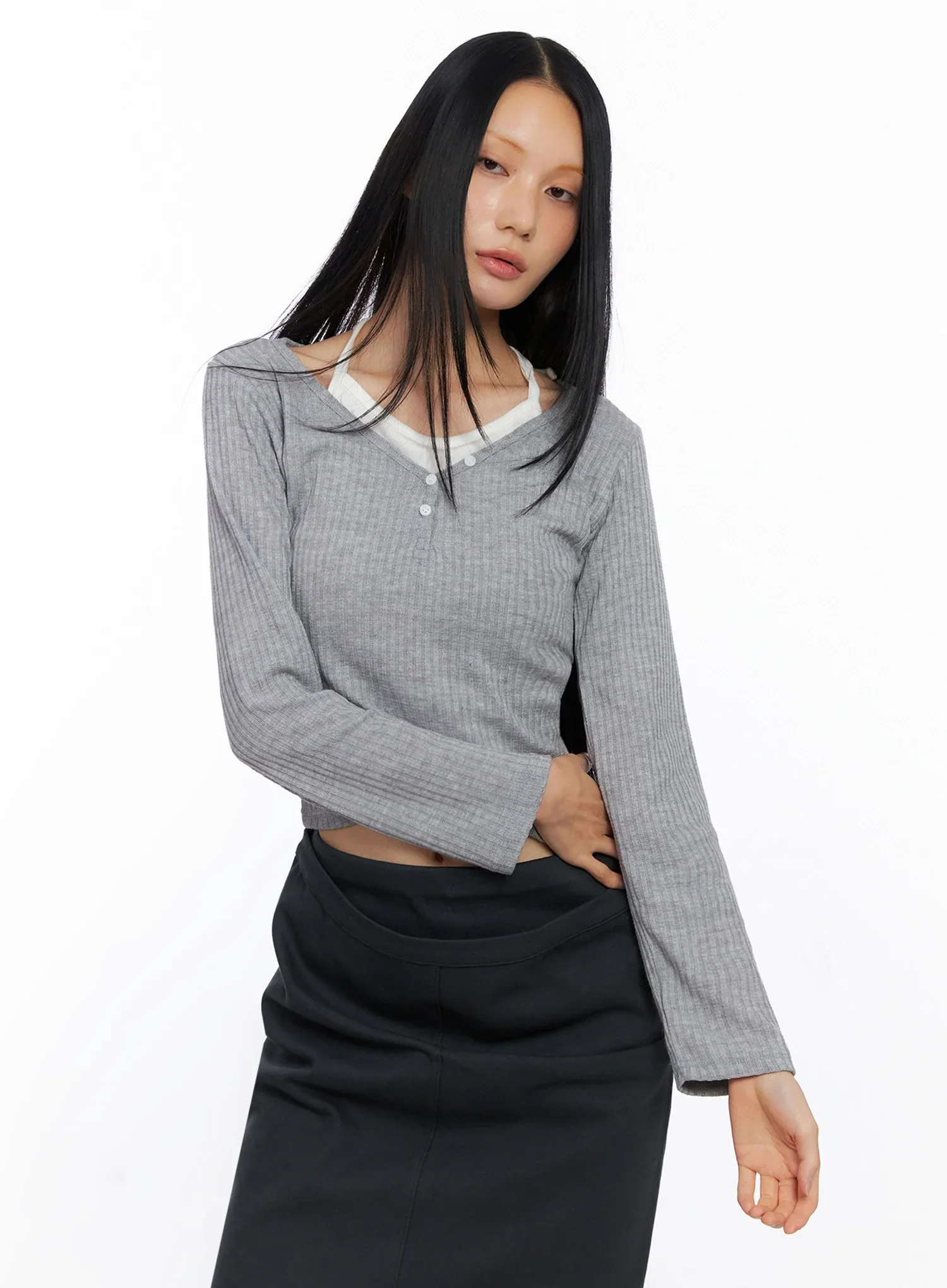 Layered Ribbed Halter Top IO517 - Image 2