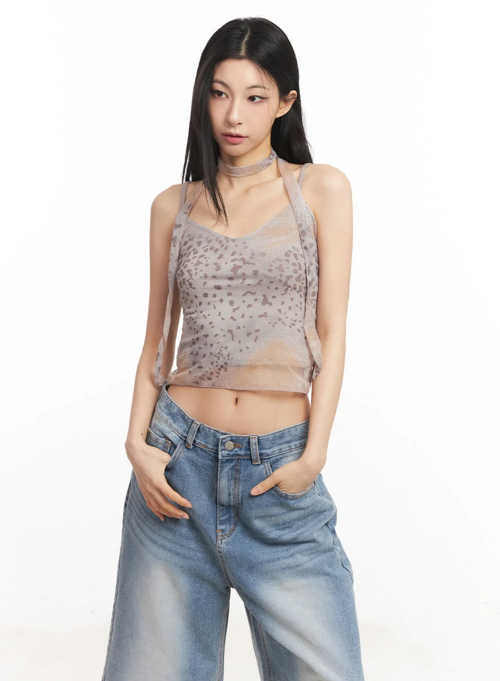 Leopard Mesh Crop Cami Top with Scarf CA516 - Image 2