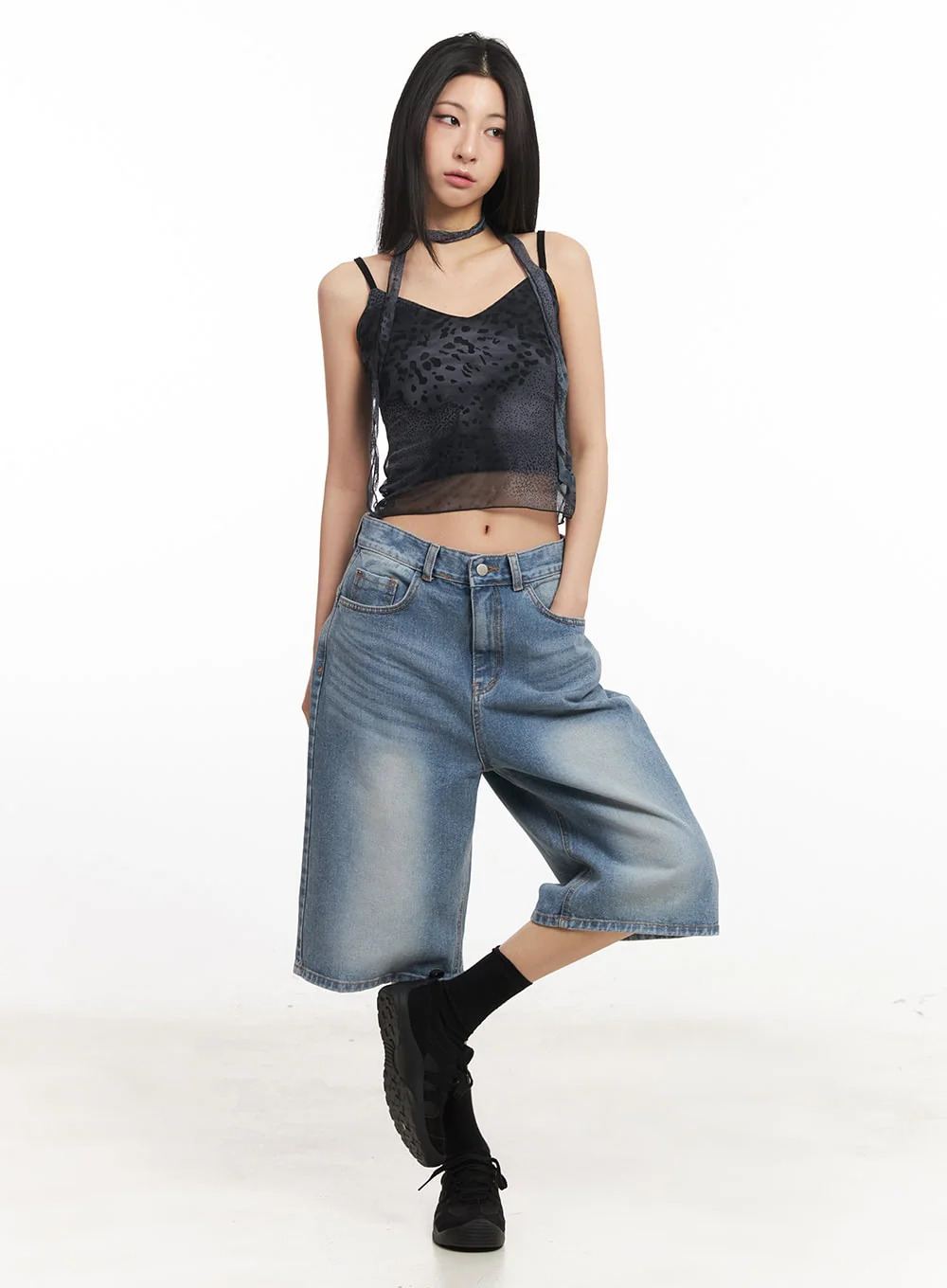 Leopard Mesh Crop Cami Top with Scarf CA516 - Image 3
