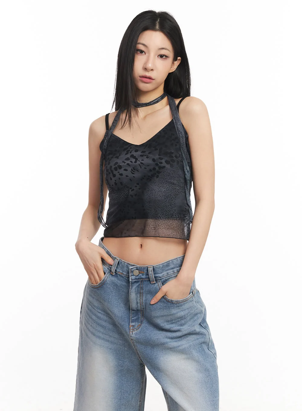 Leopard Mesh Crop Cami Top with Scarf CA516 - Image 9