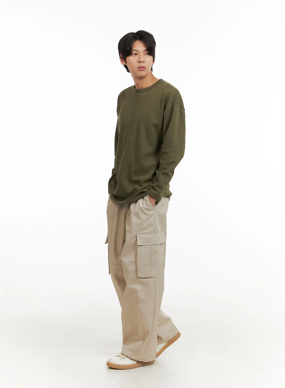 Men's Basic Oversize Long Sleeve Tee (Dark Green) IY402 - Image 5