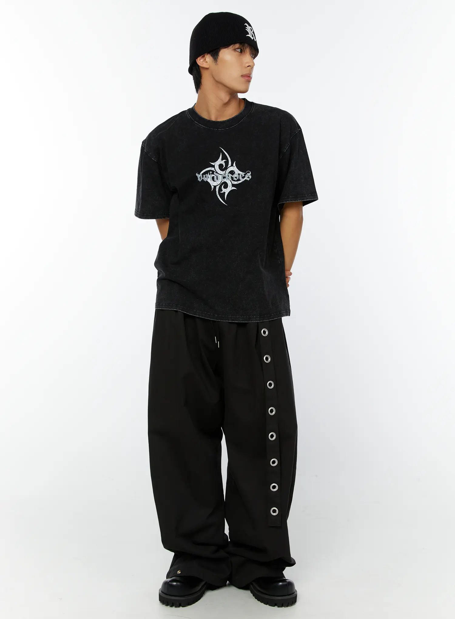 Men's Eyelet Detail Wide-Leg Pants IY508 (Black) - Image 14