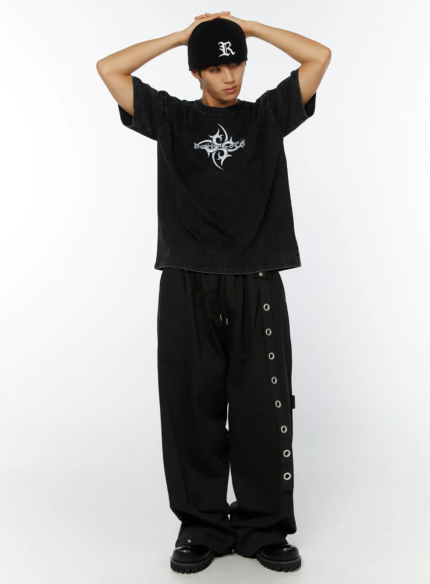 Men's Eyelet Detail Wide-Leg Pants IY508 (Black) - Image 4