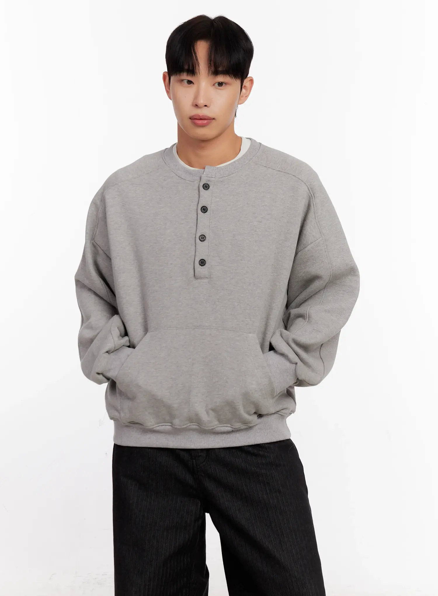 Men's Oversized Henley Neck Sweatshirt IO523 - Image 6