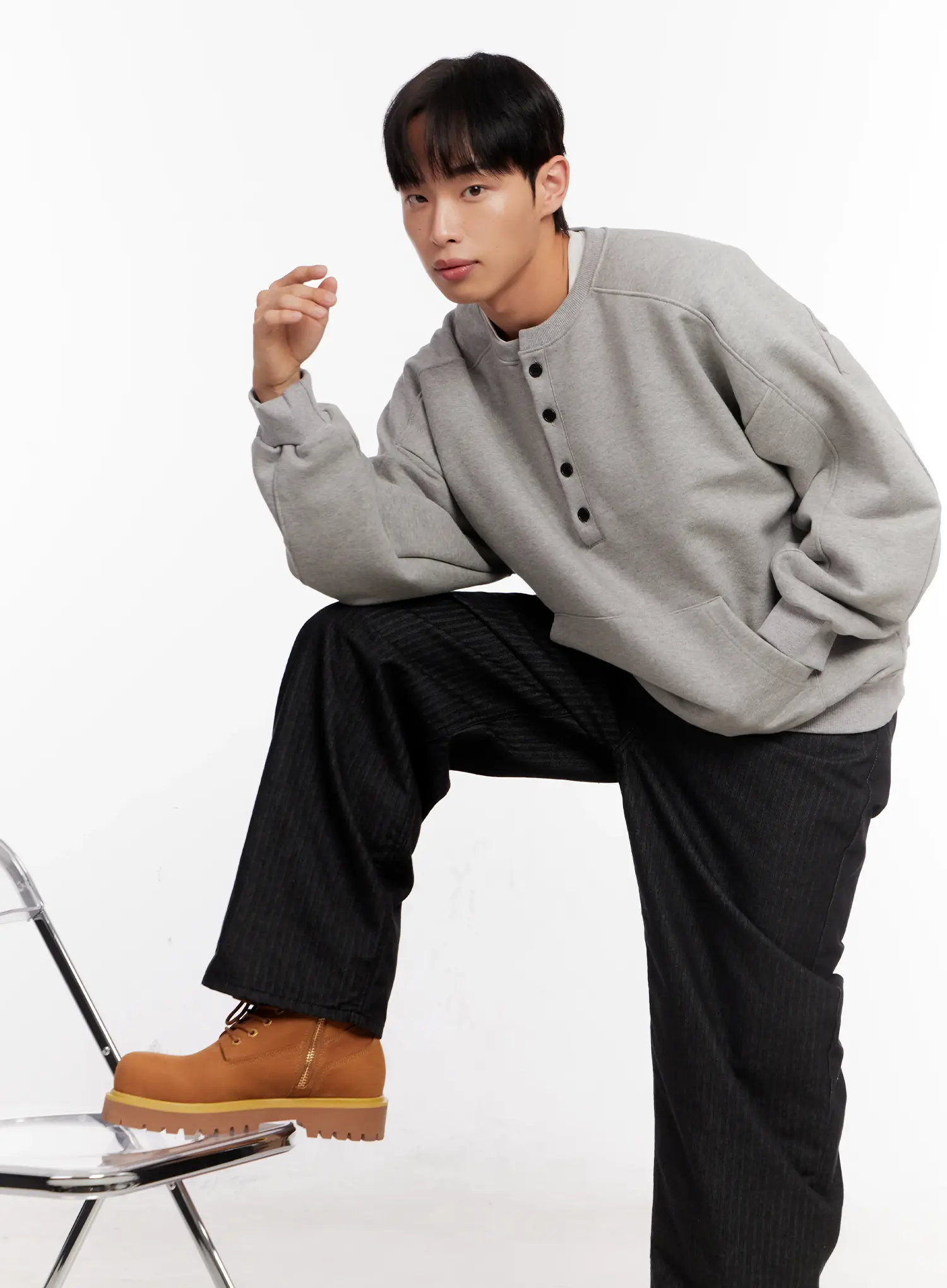 Men's Oversized Henley Neck Sweatshirt IO523 - Image 7