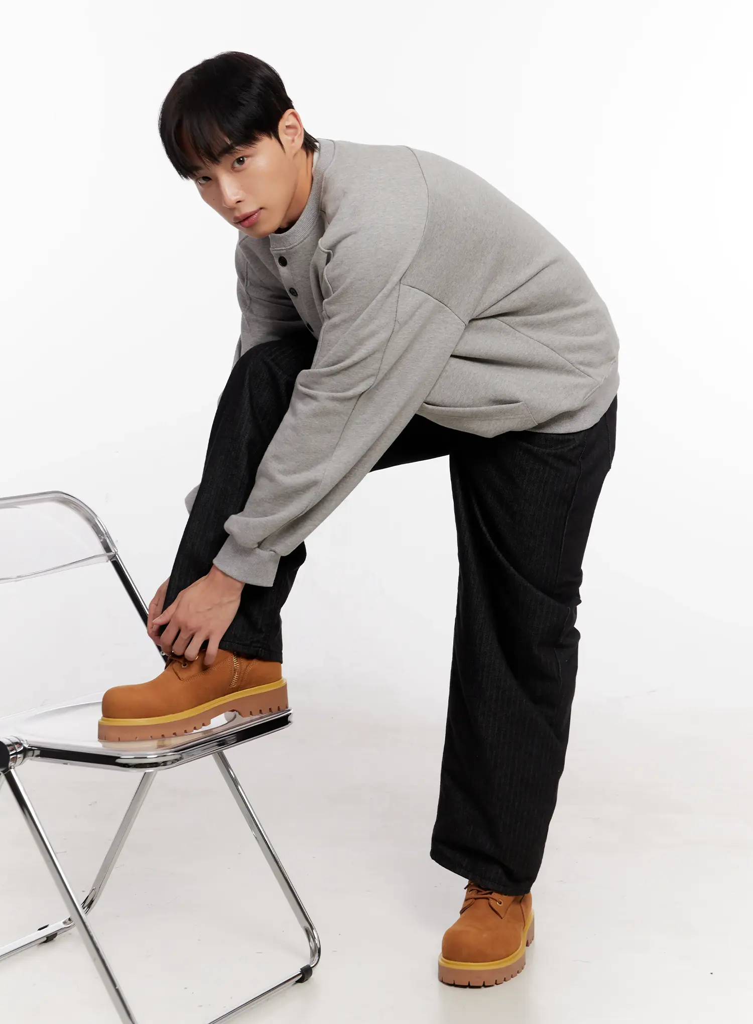 Men's Oversized Henley Neck Sweatshirt IO523 - Image 8