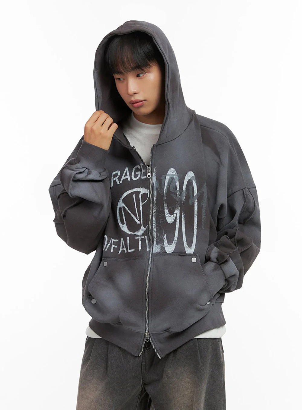 Men's Paint Washed Graphic Zip-Up Hoodie IO420