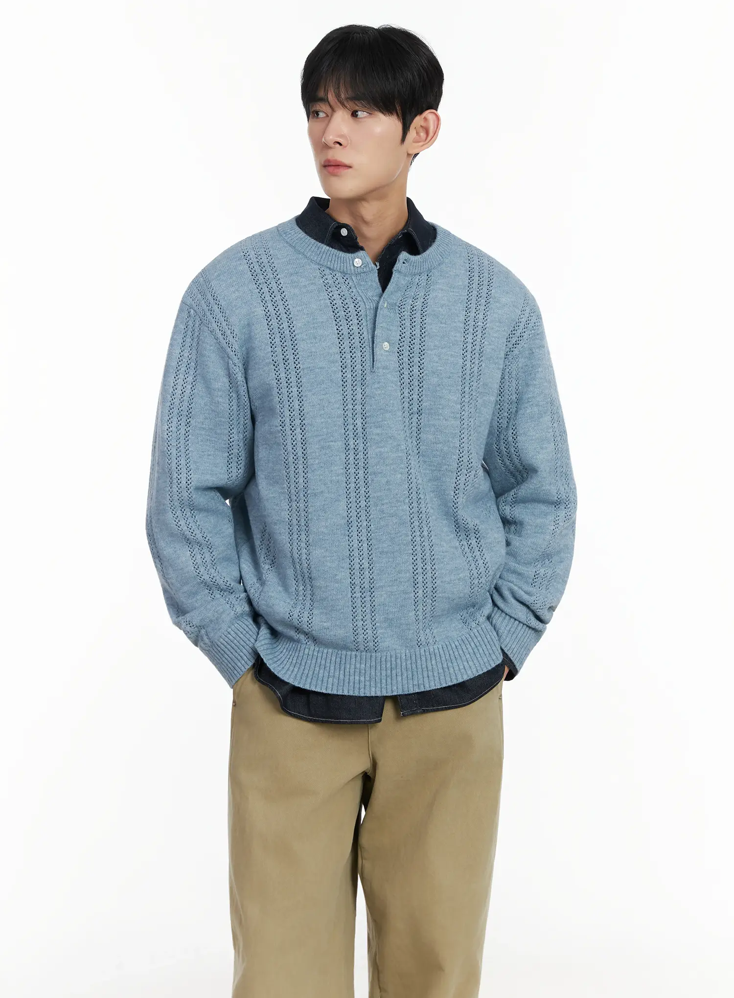 Men's Pointelle Henley Knit Sweater IF517