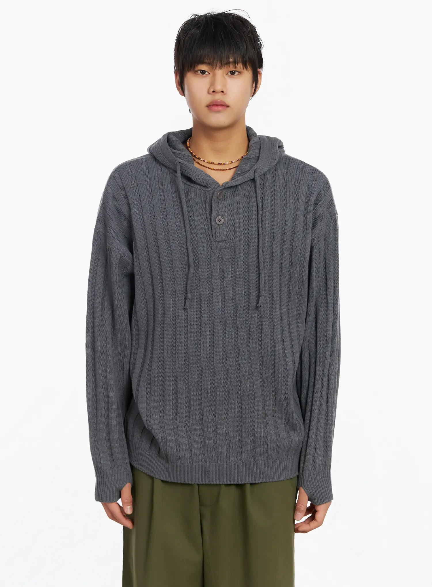 Men's Ribbed Knit Thumbhole Hoodie IJ527 - Image 13