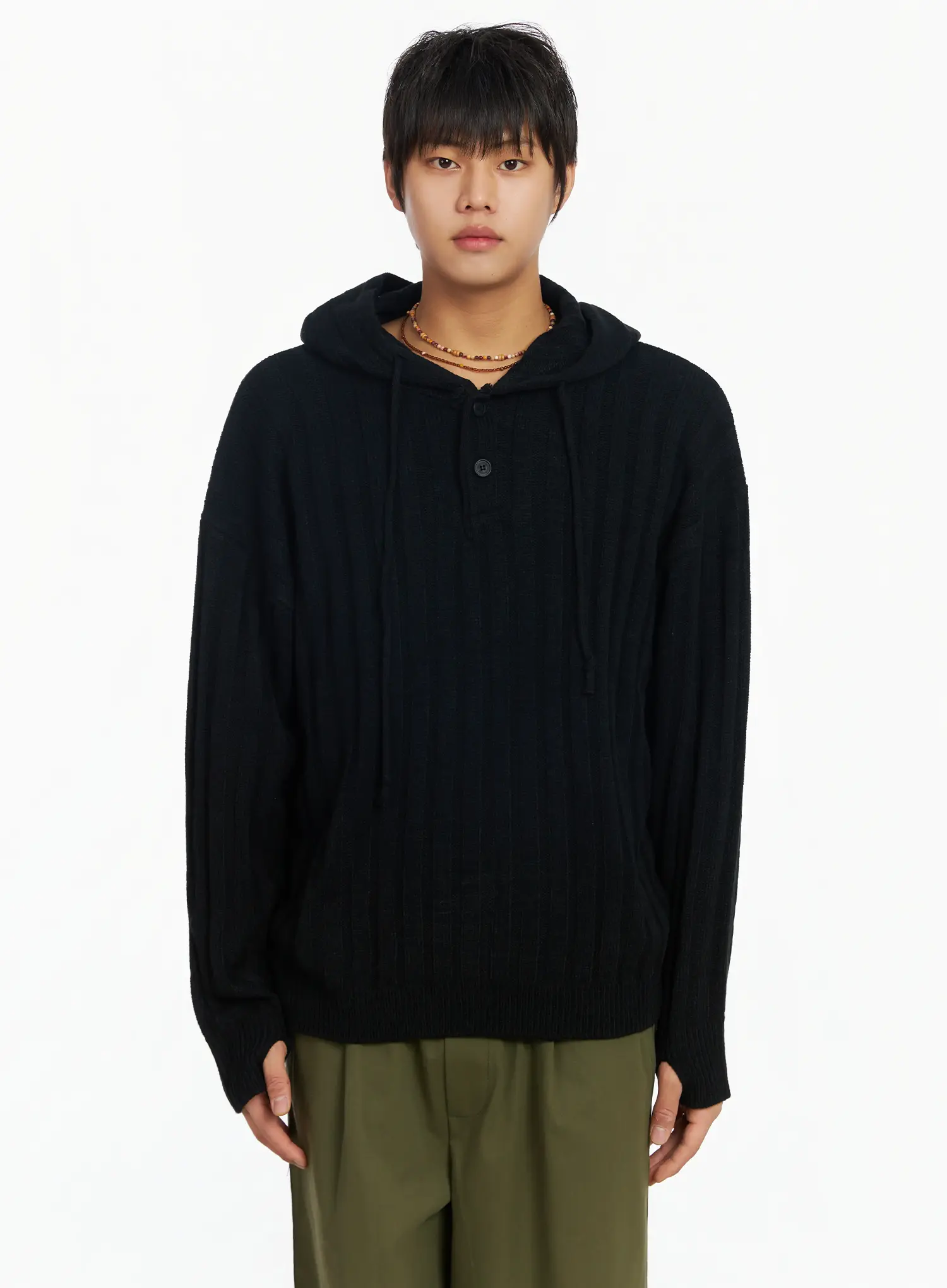 Men's Ribbed Knit Thumbhole Hoodie IJ527 - Image 14