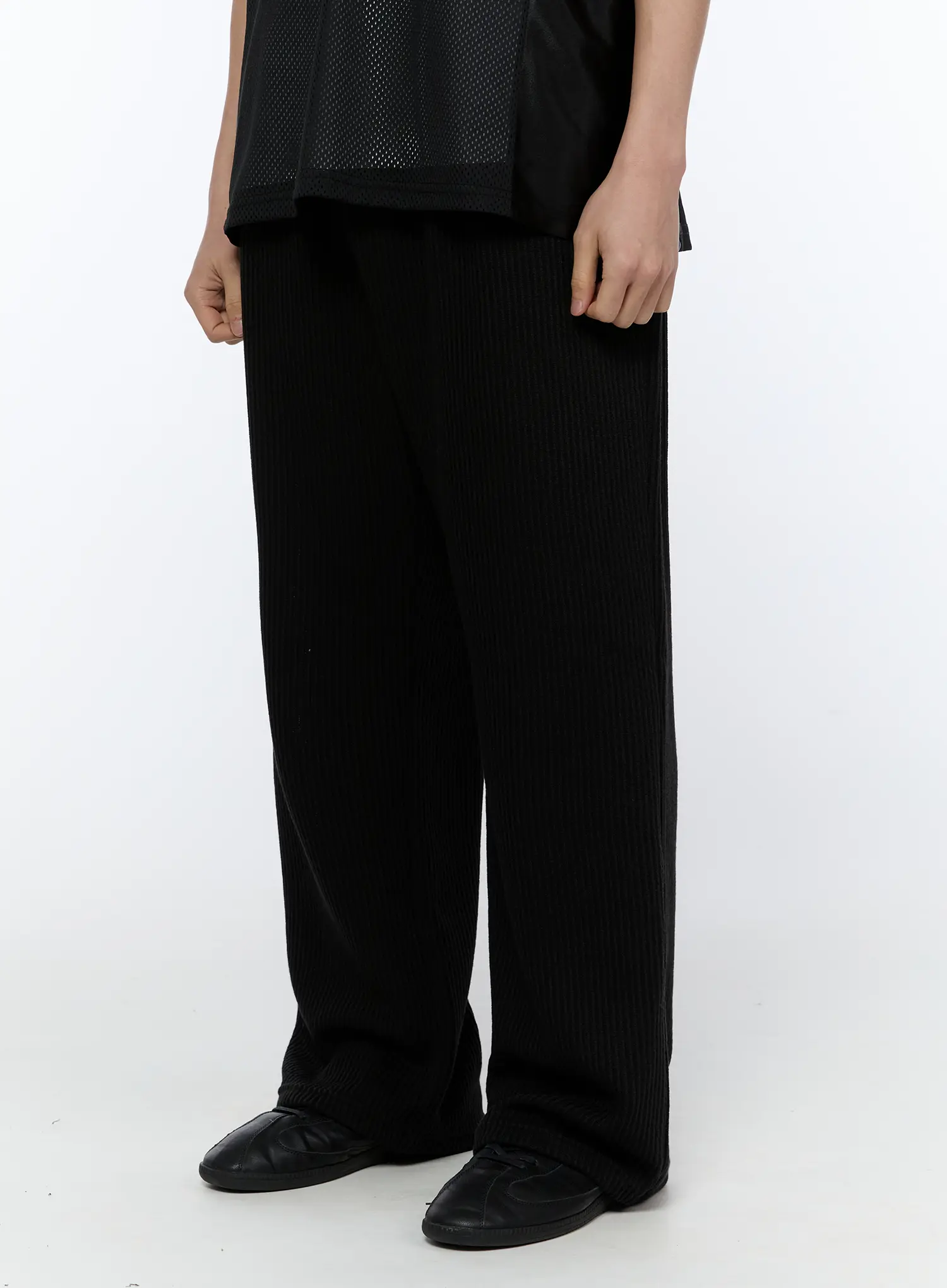 Men's Ribbed Wide-Leg Sweatpants (Black) IA517 - Image 4