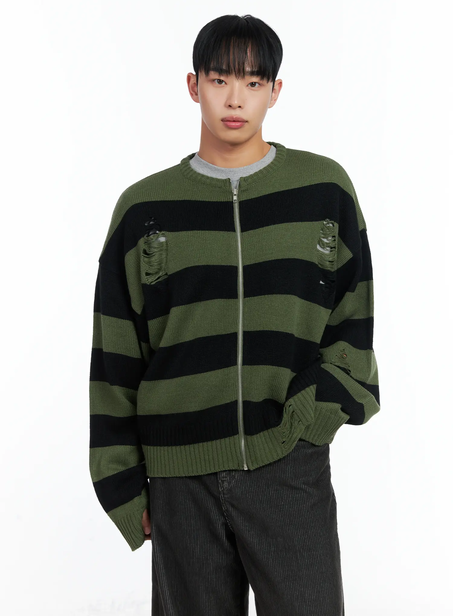 Men's Stripe Distressed Knit Cardigan IN518