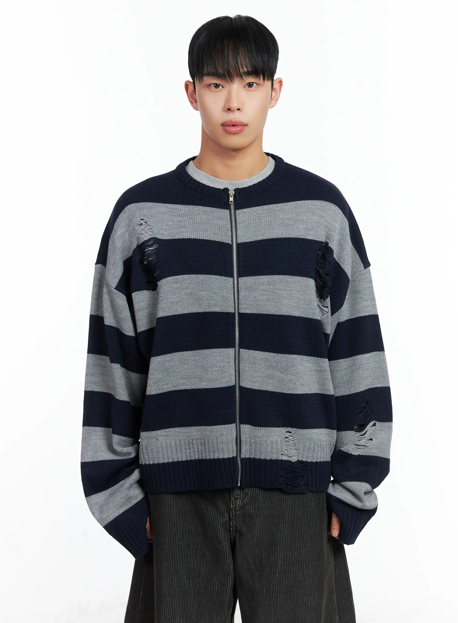 Men's Stripe Distressed Knit Cardigan IN518 - Image 12