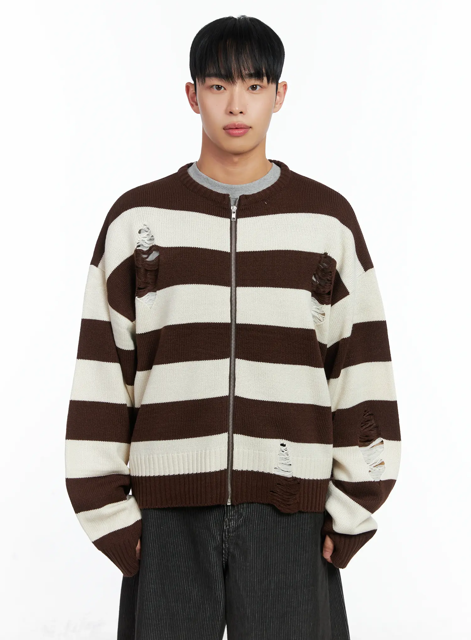 Men's Stripe Distressed Knit Cardigan IN518 - Image 13