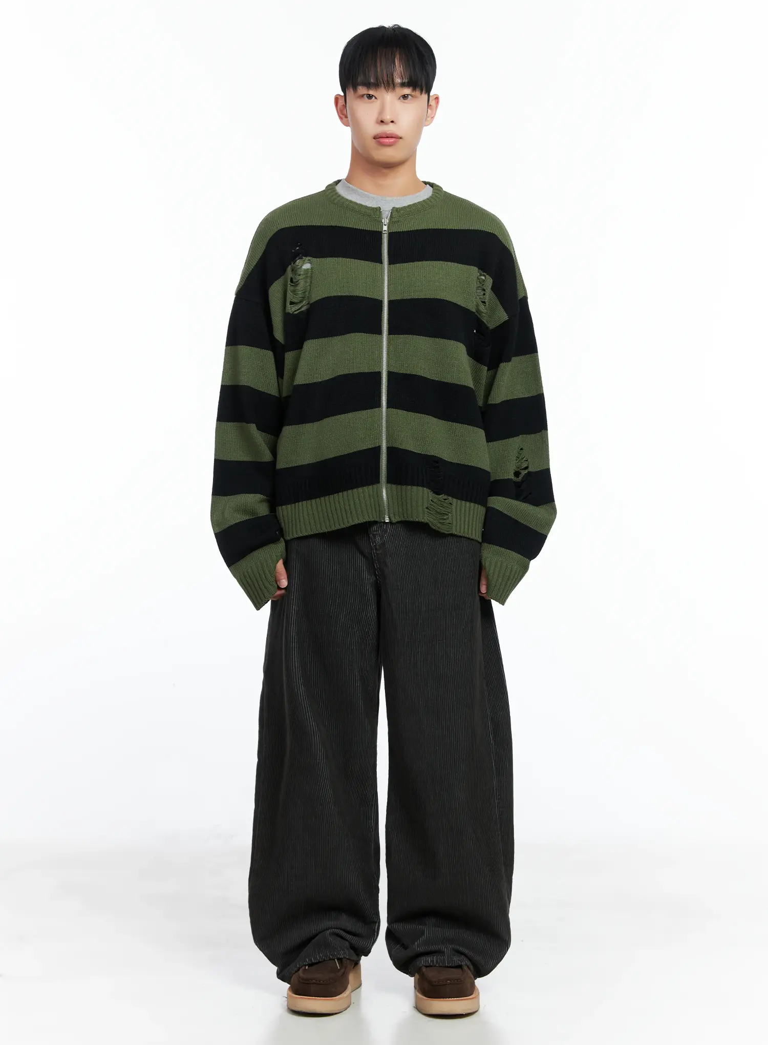 Men's Stripe Distressed Knit Cardigan IN518 - Image 3