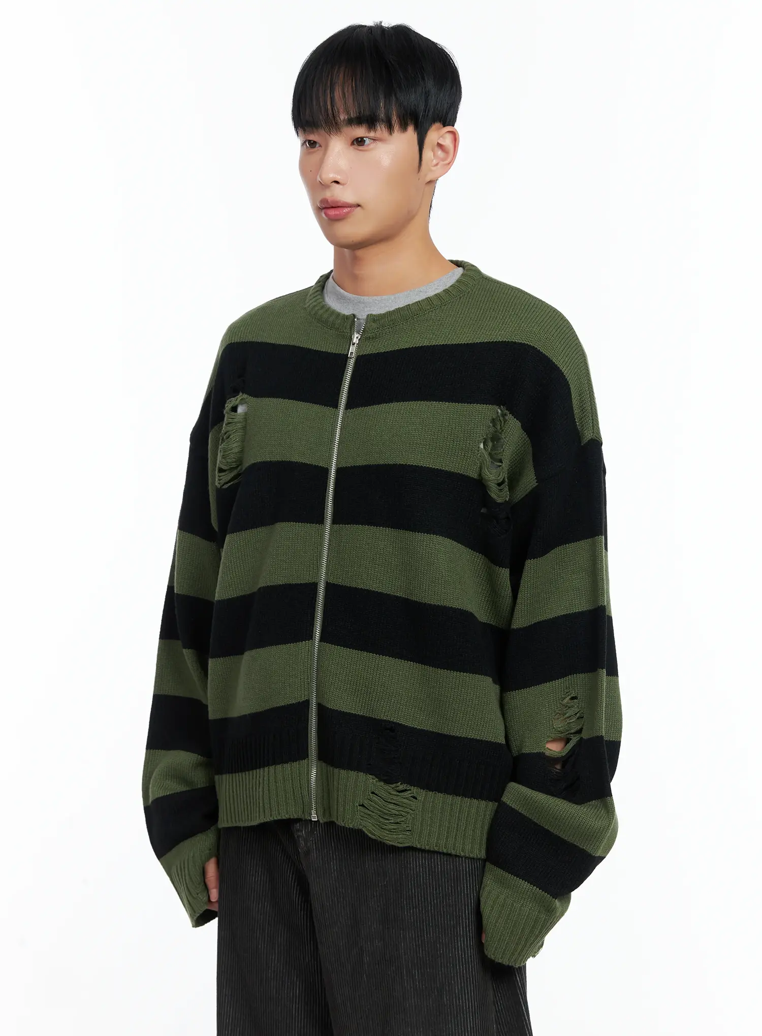 Men's Stripe Distressed Knit Cardigan IN518 - Image 4