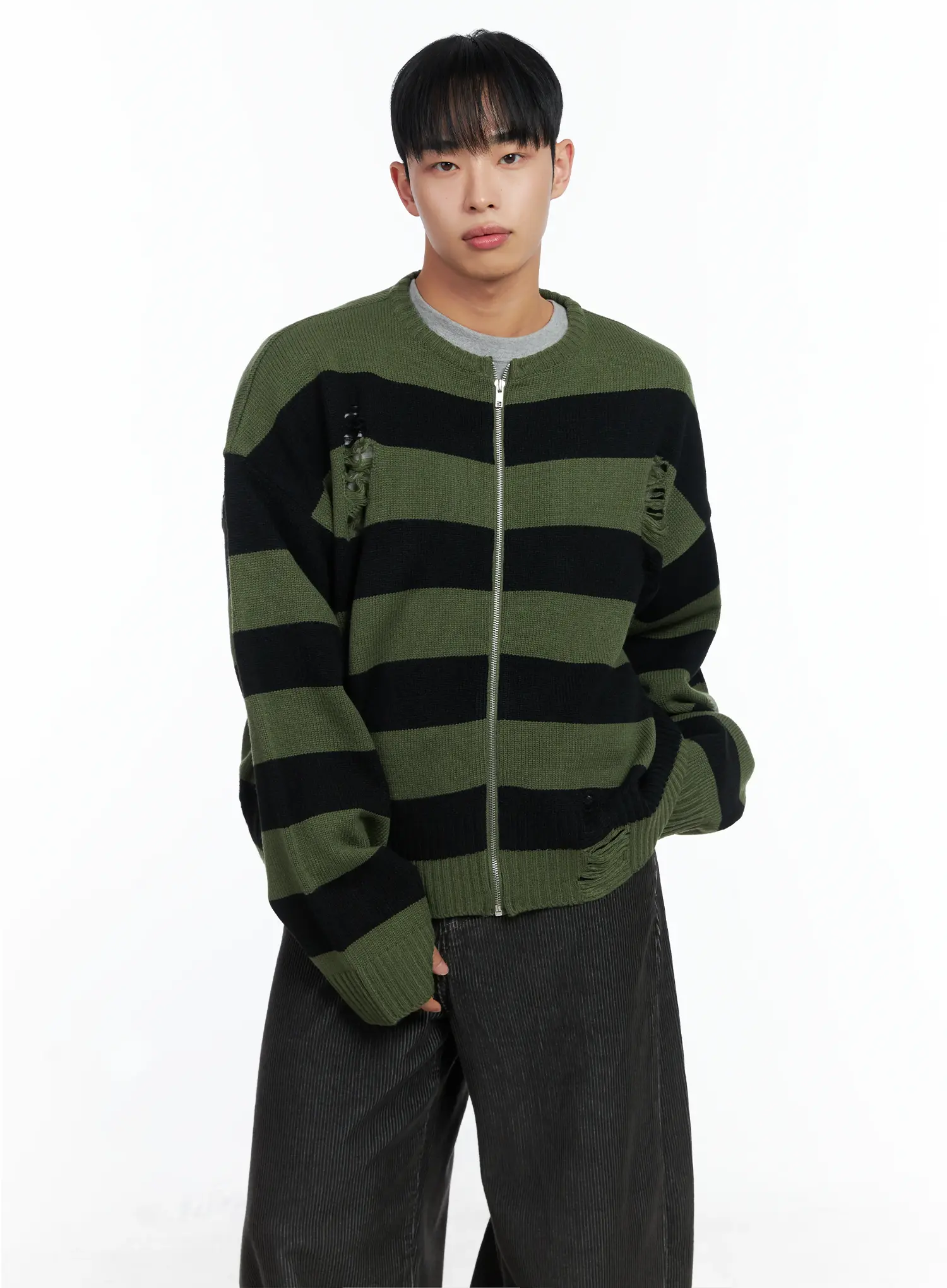 Men's Stripe Distressed Knit Cardigan IN518 - Image 6