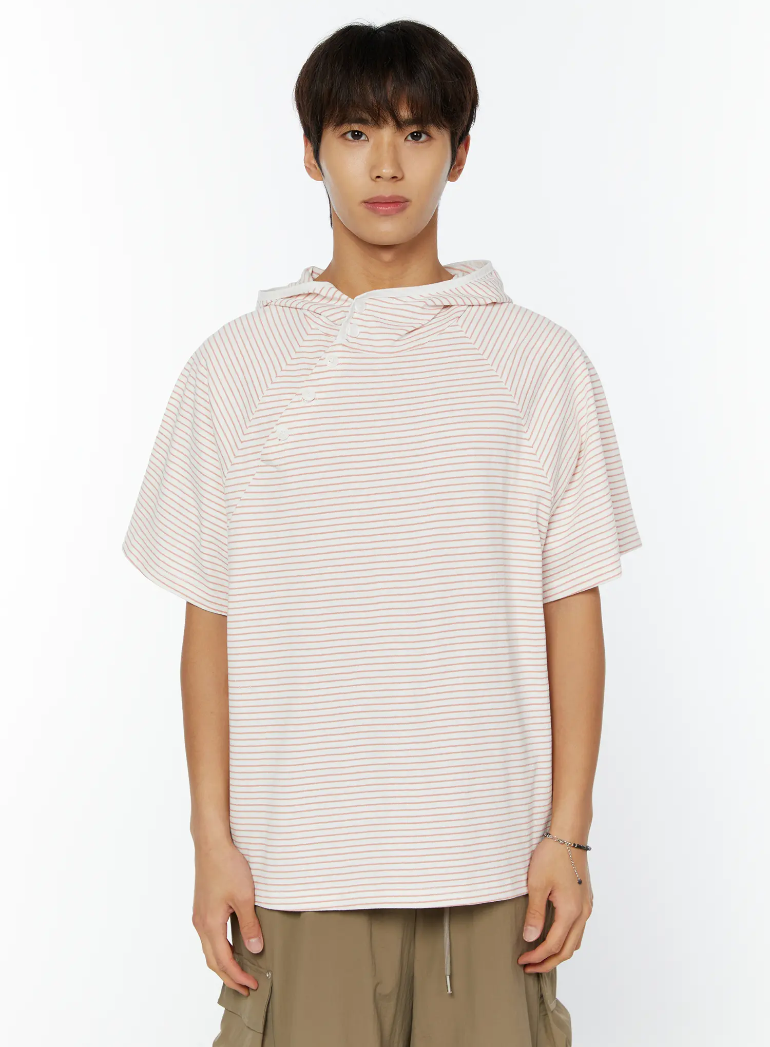 Men's Striped Asymmetric Button Hooded T-Shirt IY508 - Image 12