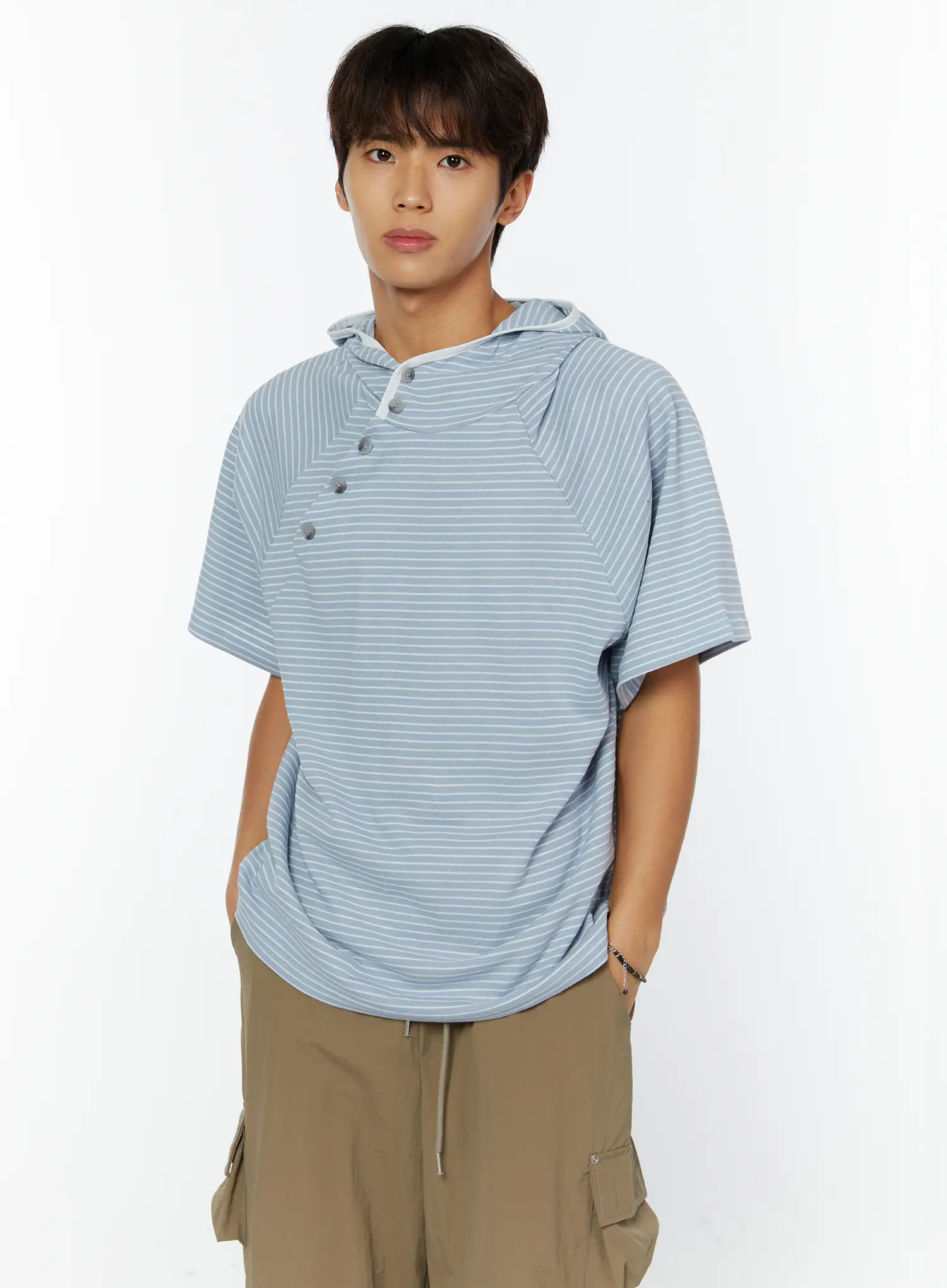 Men's Striped Asymmetric Button Hooded T-Shirt IY508 - Image 2