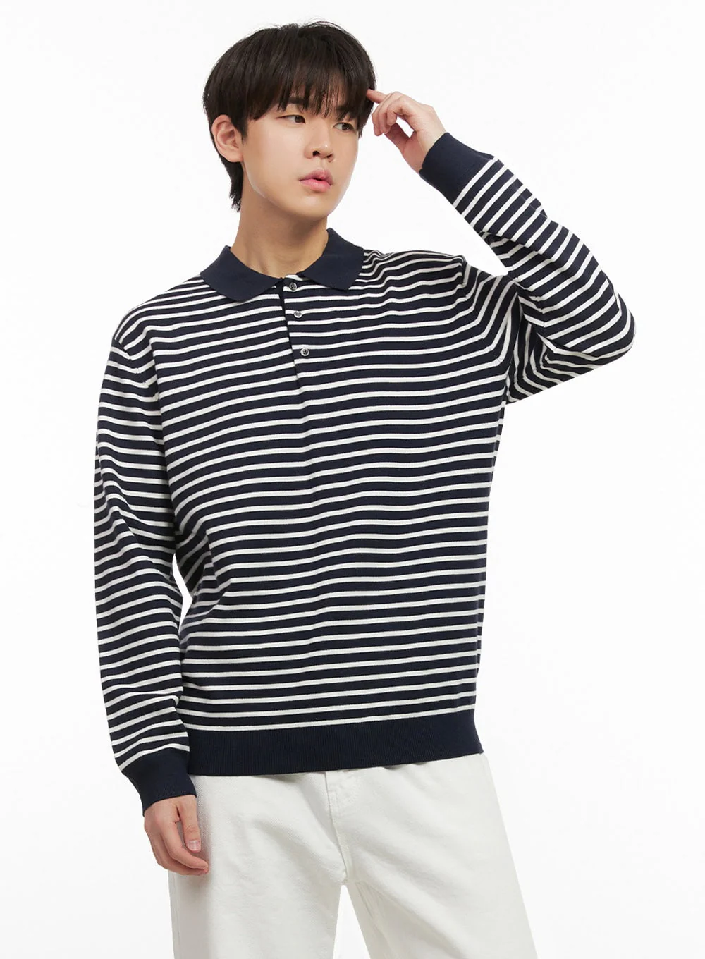 Men's Striped Long Sleeve Polo IJ517 - Image 4