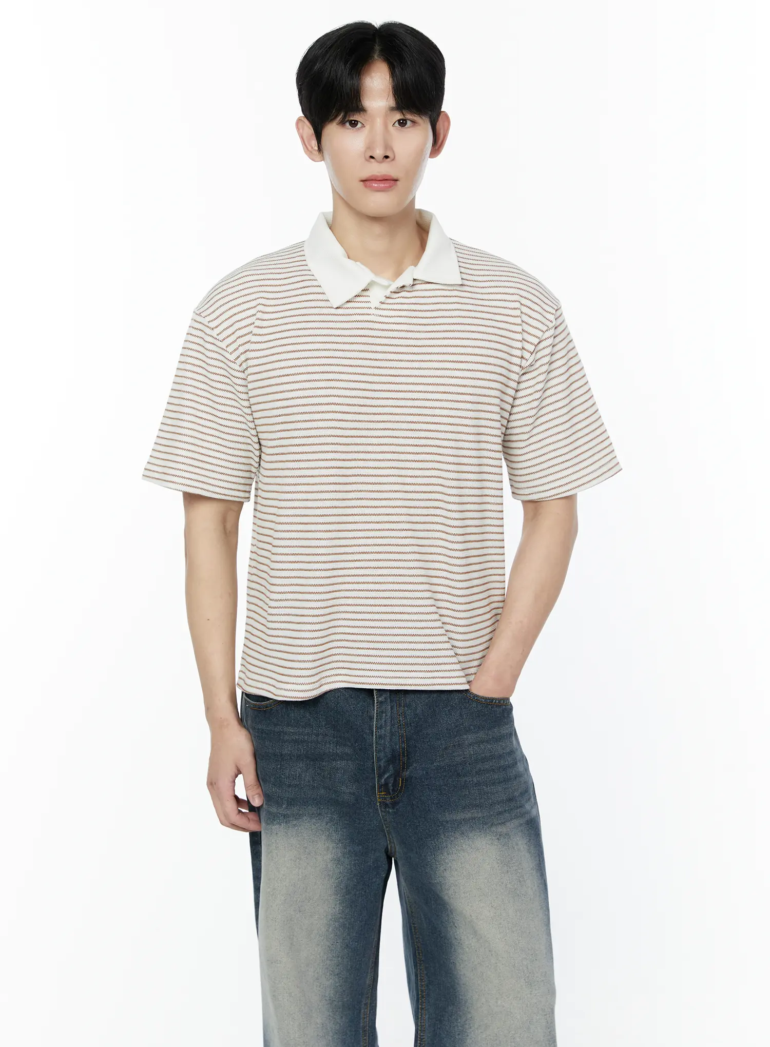 Men's Striped Waffle Knit Polo Shirt IA530