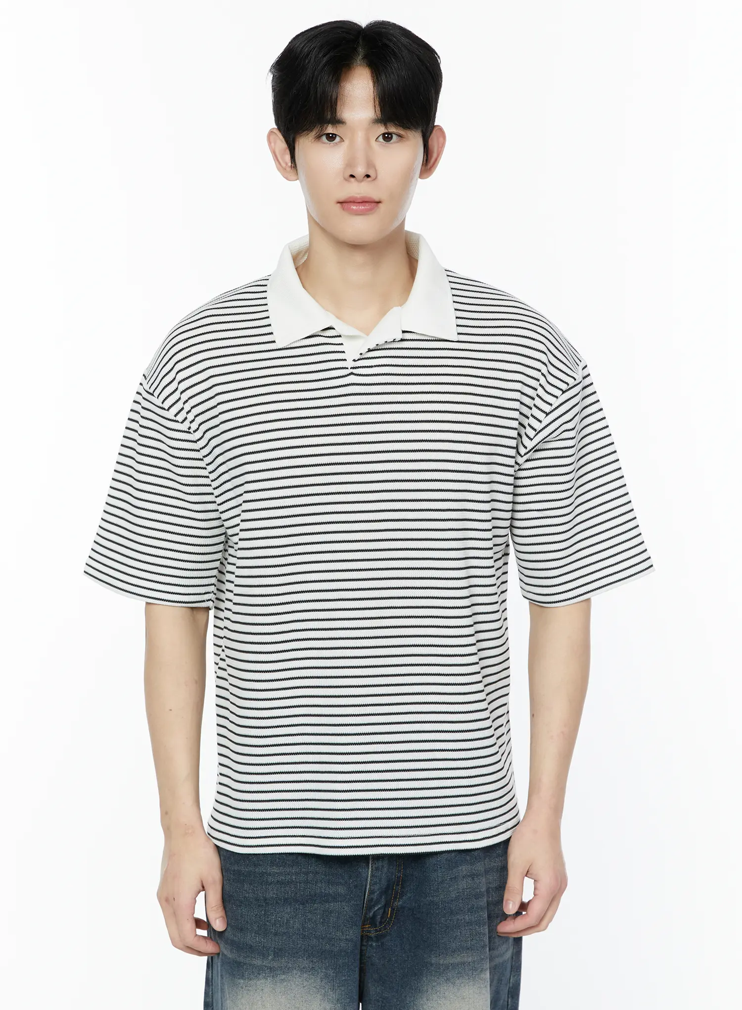 Men's Striped Waffle Knit Polo Shirt IA530 - Image 12