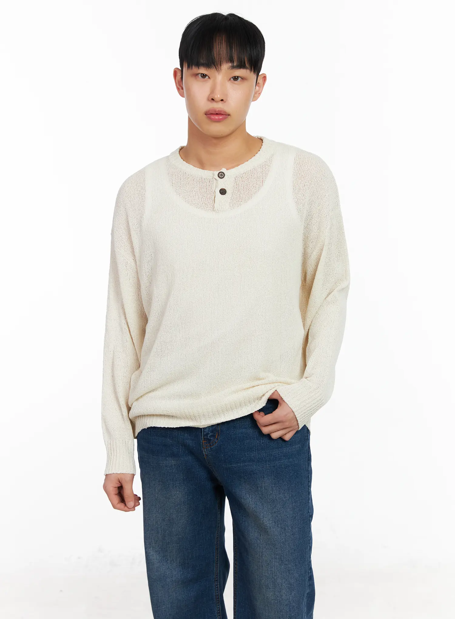 Men's Two-Button Henley Knit Sweater IA502 - Image 2