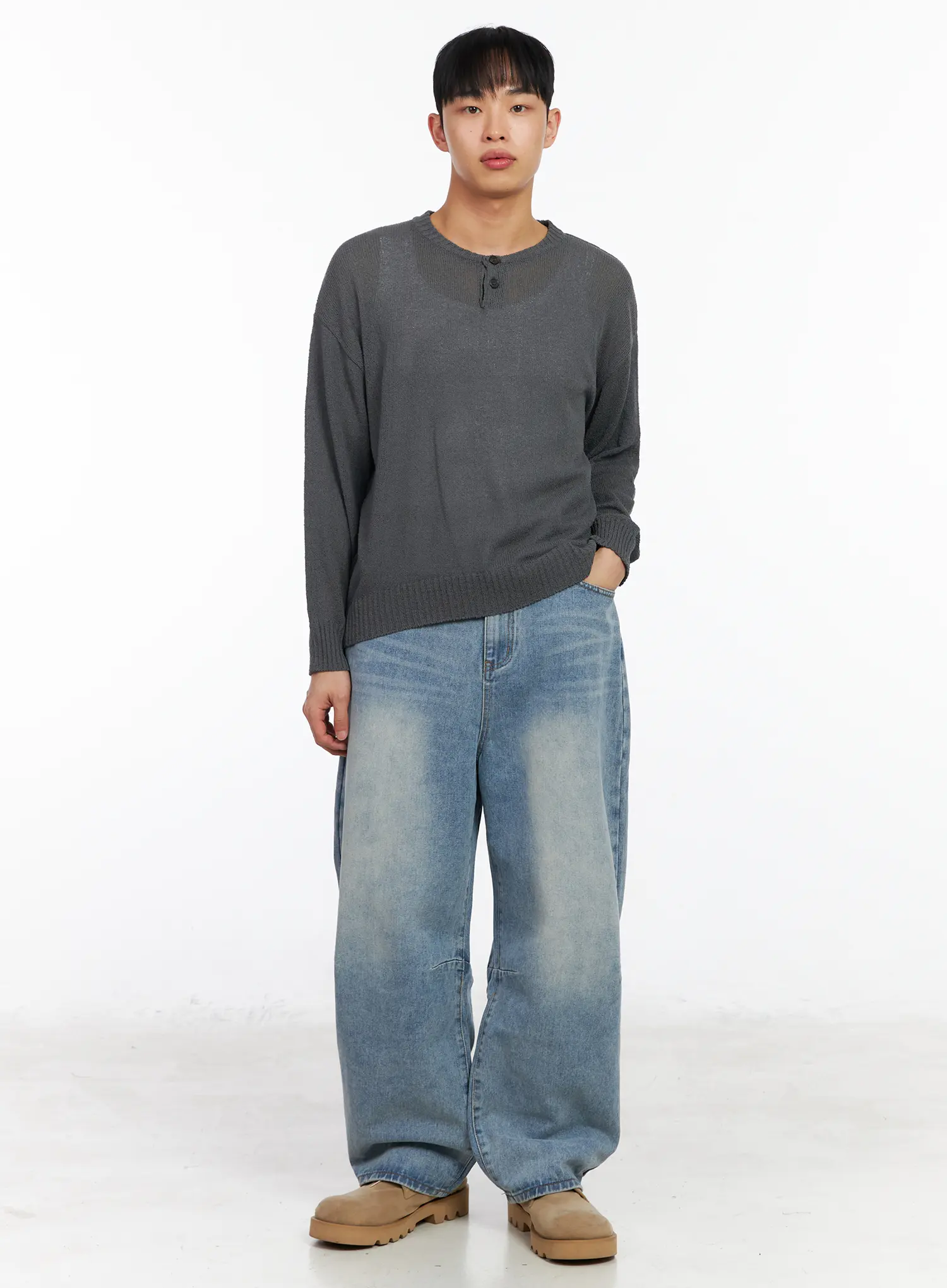 Men's Two-Button Henley Knit Sweater IA502 - Image 3