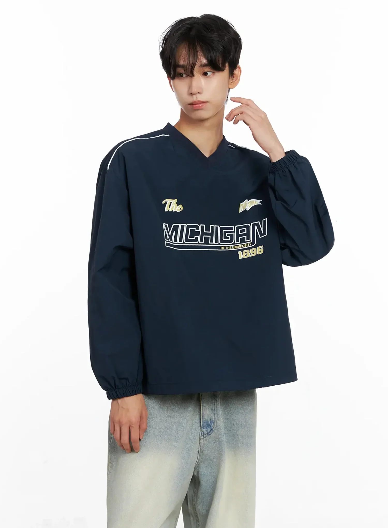 Men's V-Neck Lettering Windbreak Pullover IO517 - Image 2