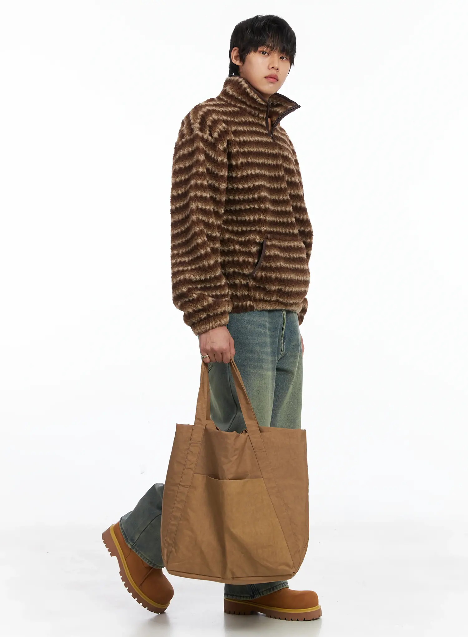 Men's Warm Fleece Striped Quarter Zip-Up IJ512 - Image 2