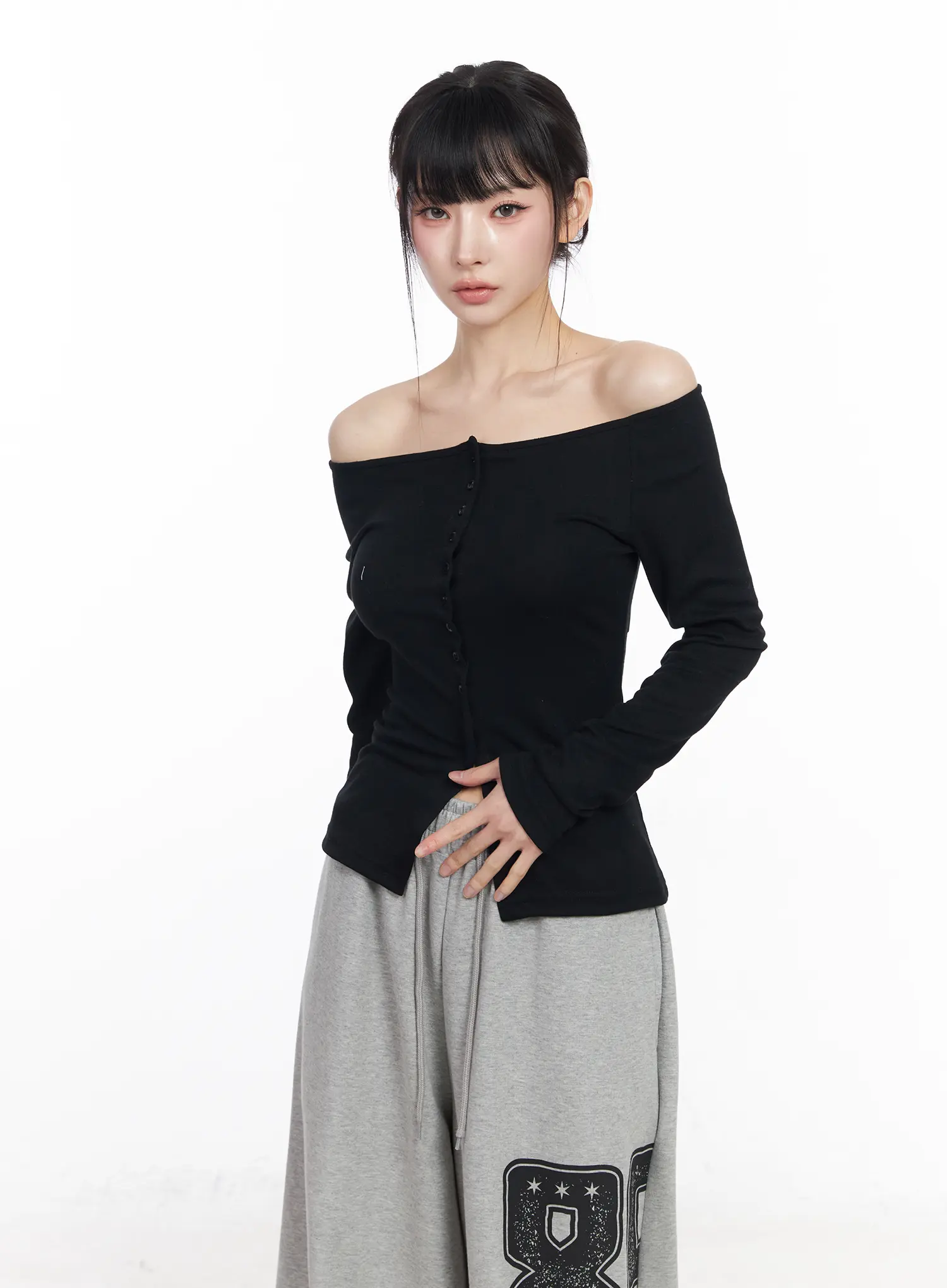 Off-Shoulder Button-Up Long Sleeve Top CF518 - Image 10