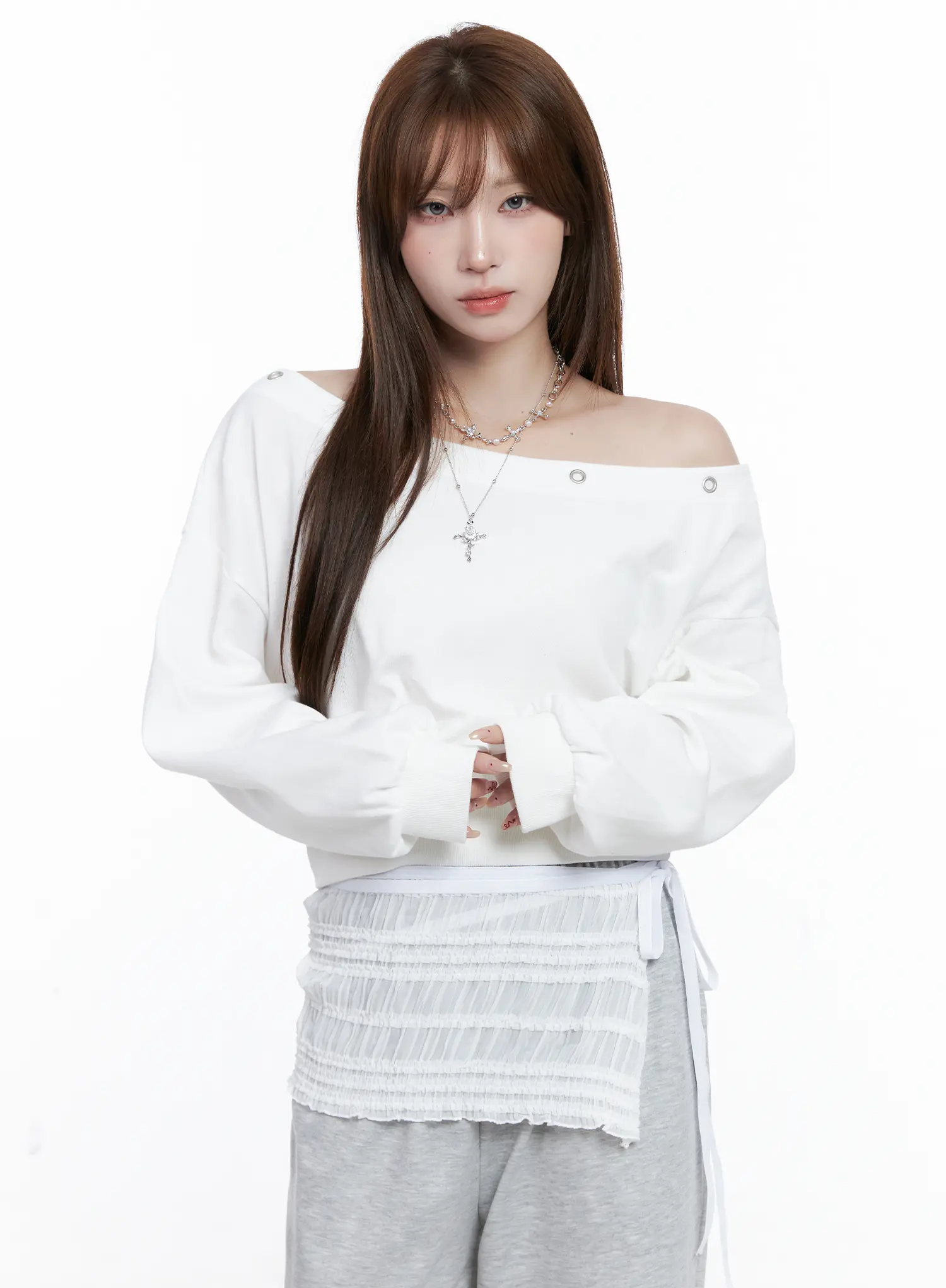 Off-Shoulder Eyelet Sweatshirt CG529