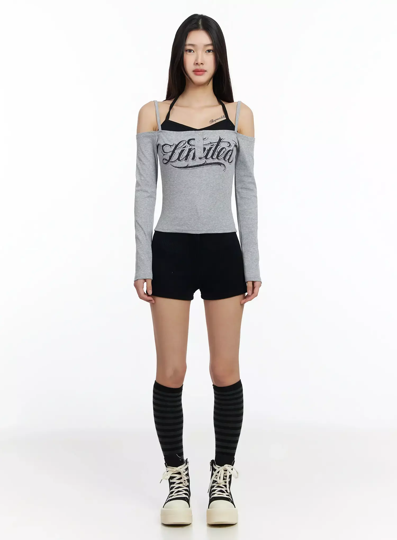 Off-Shoulder Graphic Layered Tee IA508 - Image 10