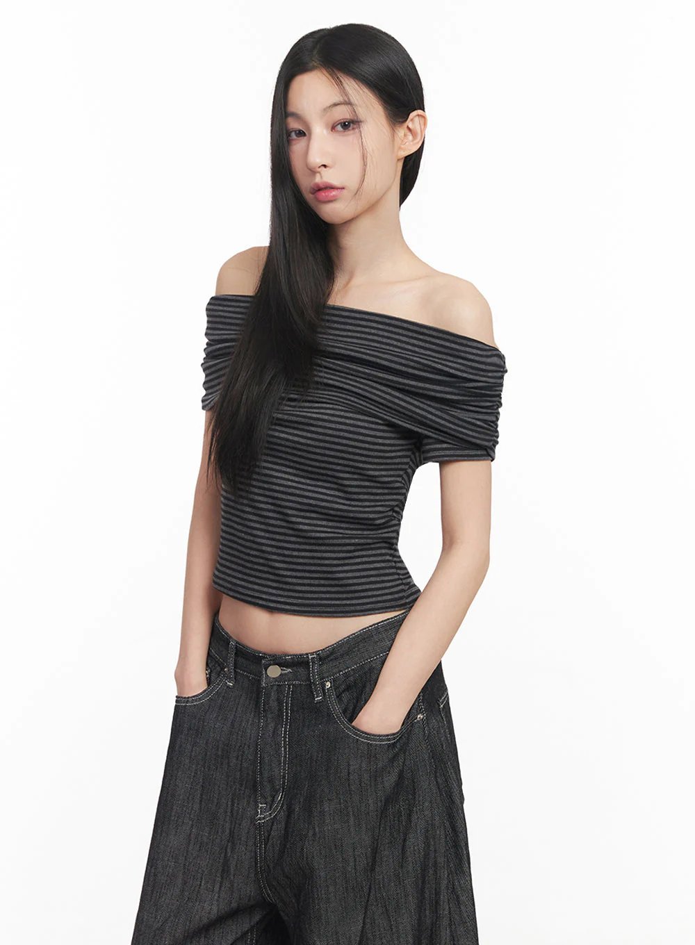 Off-Shoulder Striped Tee IY516 - Image 8