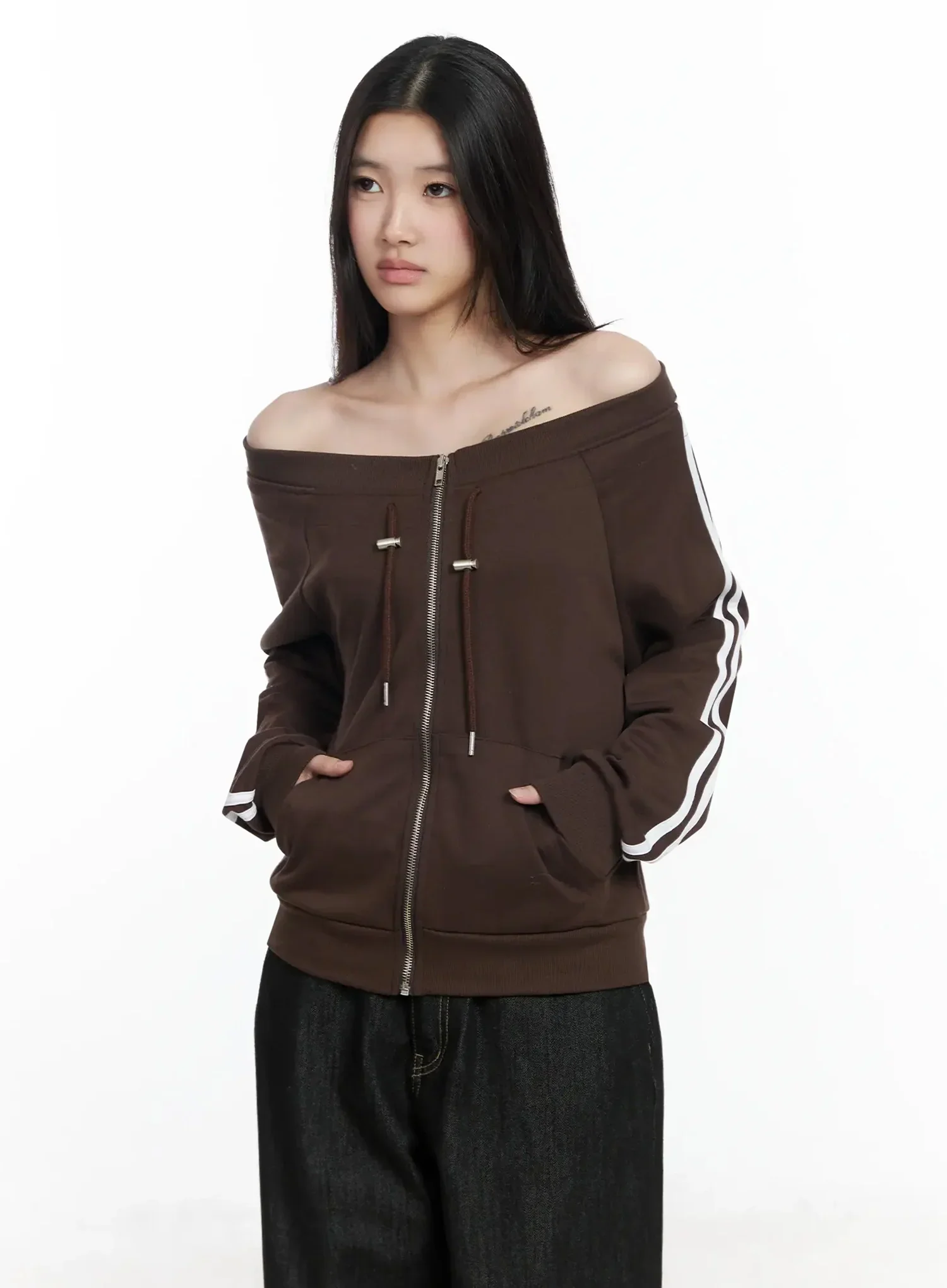 Off-Shoulder Track Zip-Up Sweatshirt IM506 - Image 3