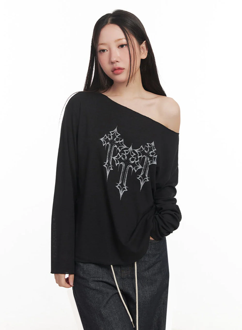 One-Shoulder Sheer Long-Sleeve Graphic Top IM528 - Image 13