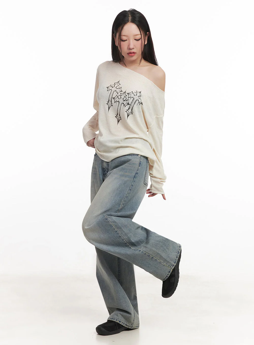 One-Shoulder Sheer Long-Sleeve Graphic Top IM528 - Image 9