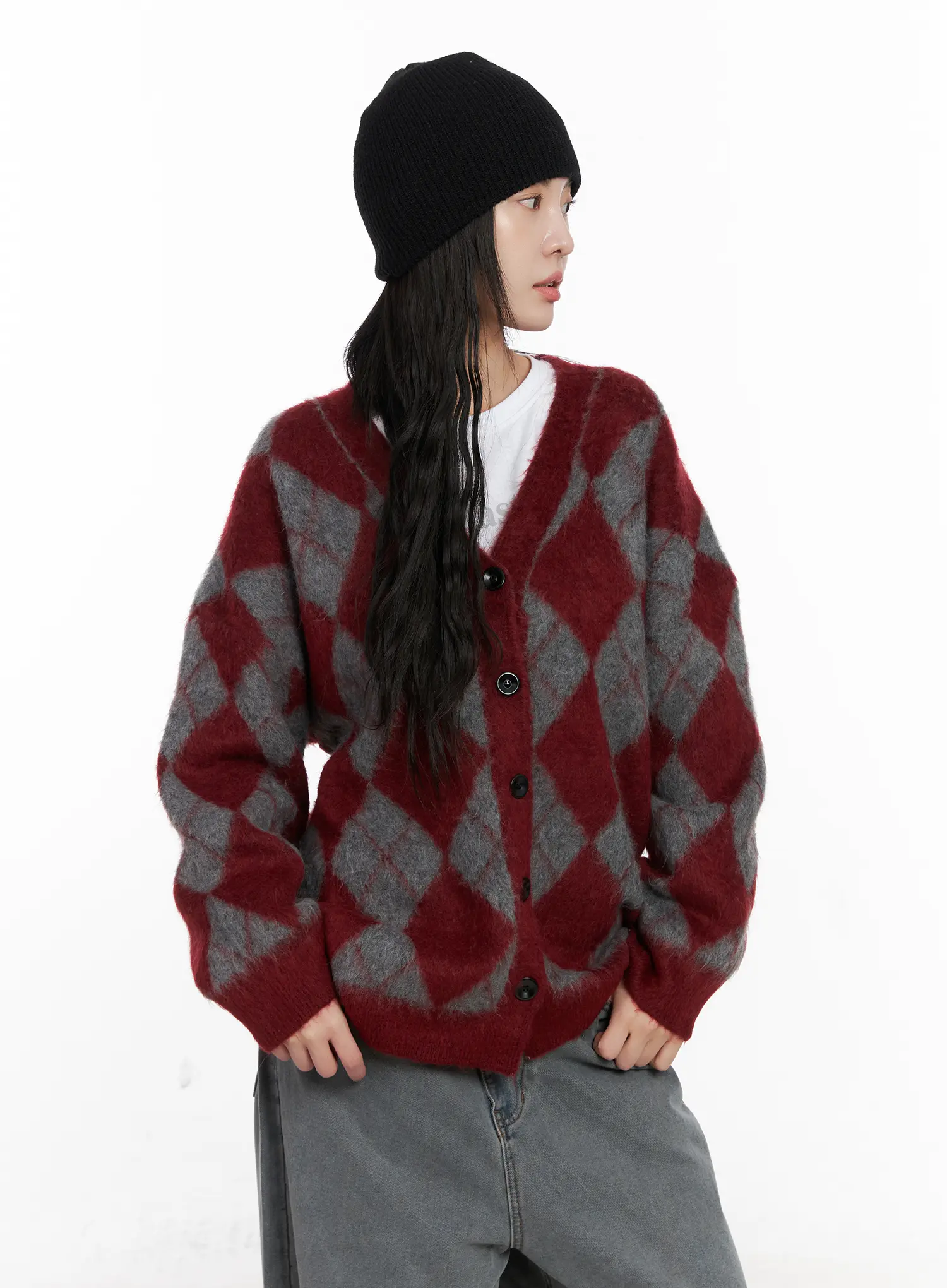 Oversized Argyle Knit Cardigan CN512 - Image 8