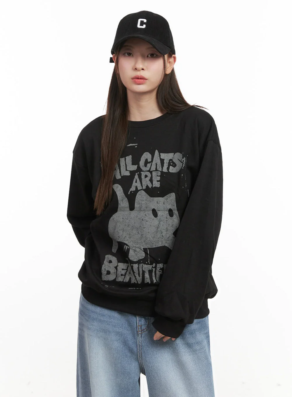 Oversized Cat Graphic Crew Neck IJ527 - Image 15