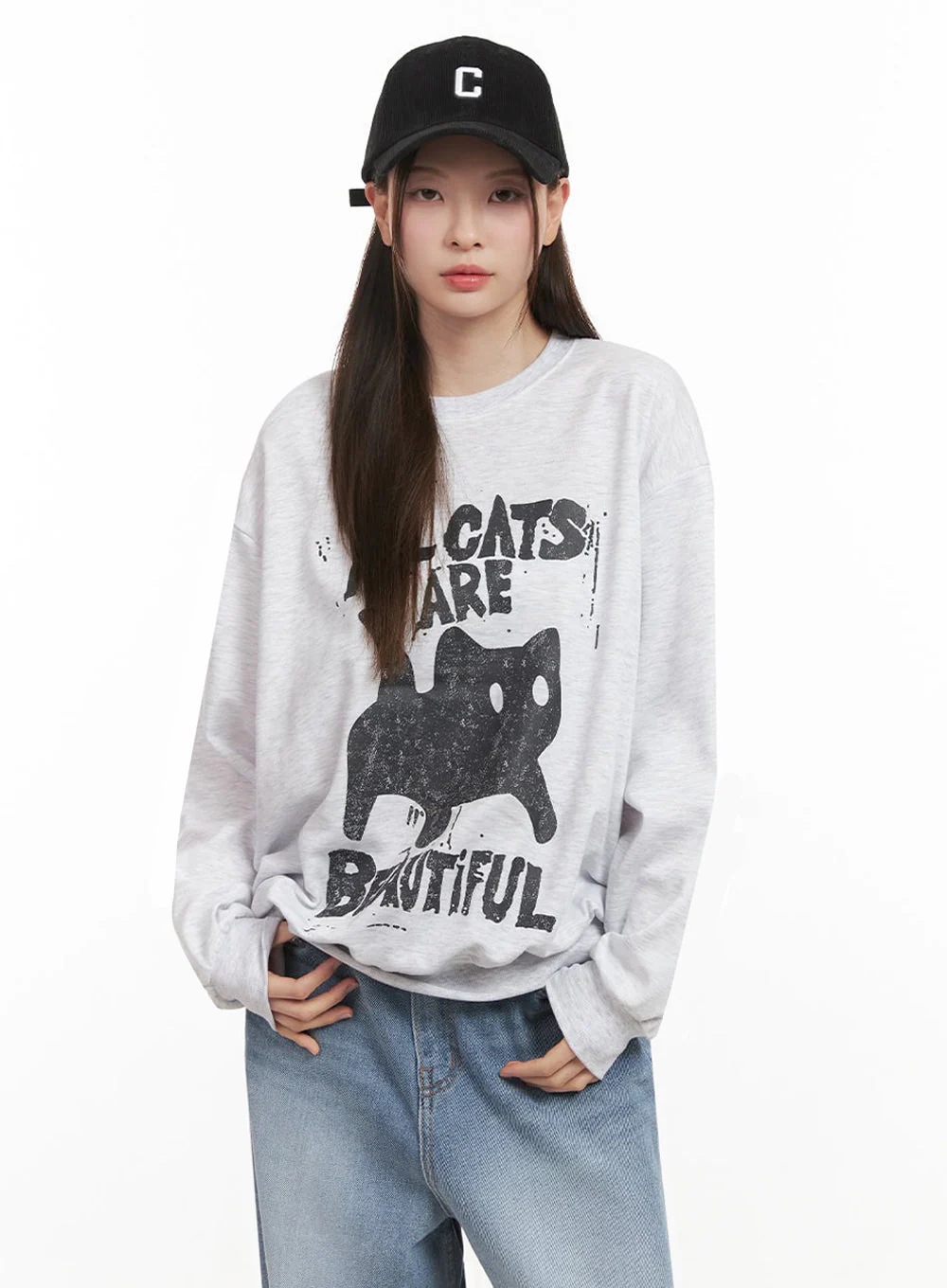 Oversized Cat Graphic Crew Neck IJ527 - Image 6