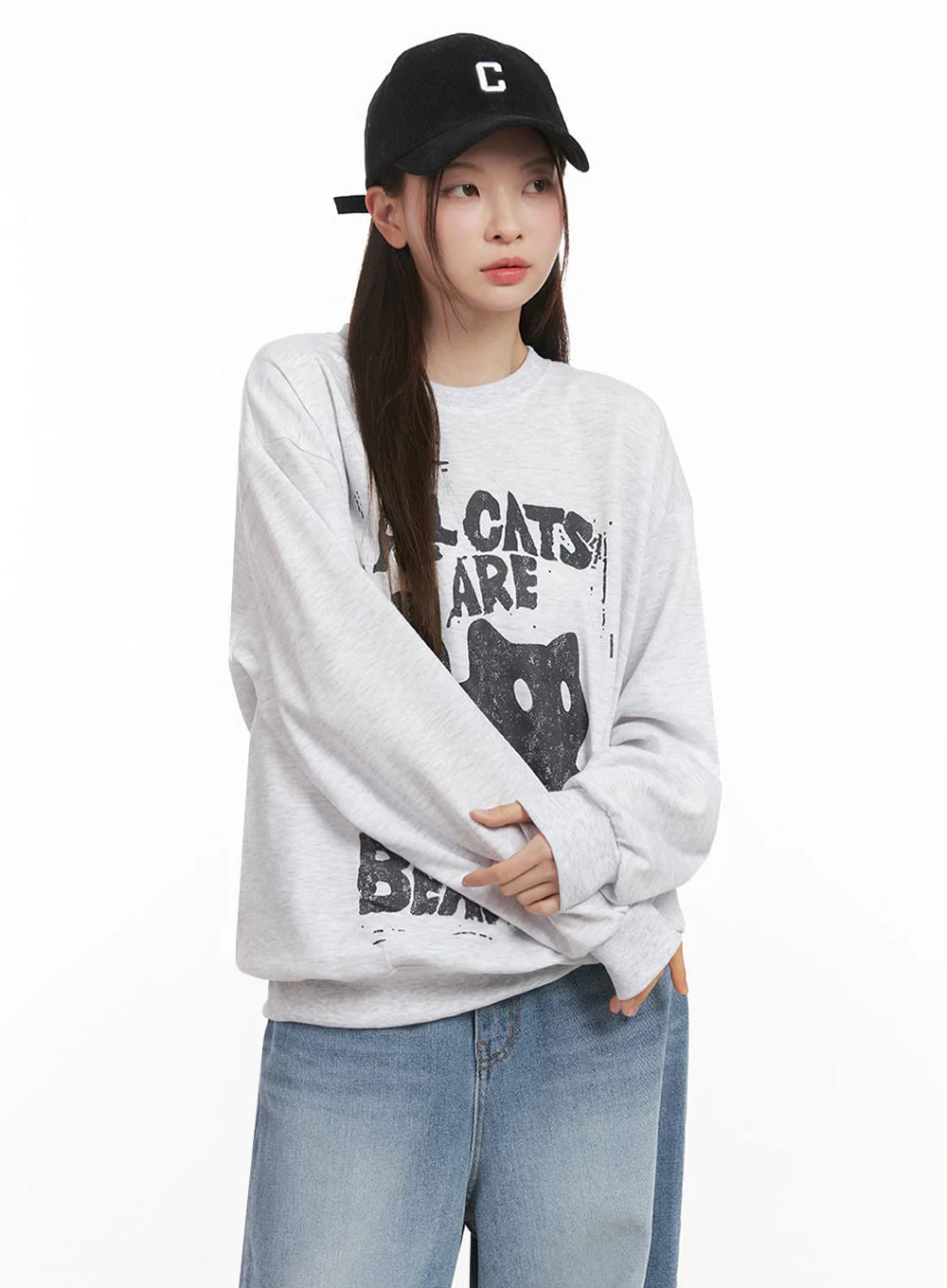 Oversized Cat Graphic Crew Neck IJ527 - Image 7
