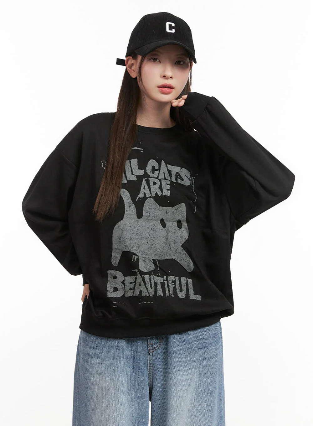 Oversized Cat Graphic Crew Neck IJ527 - Image 9