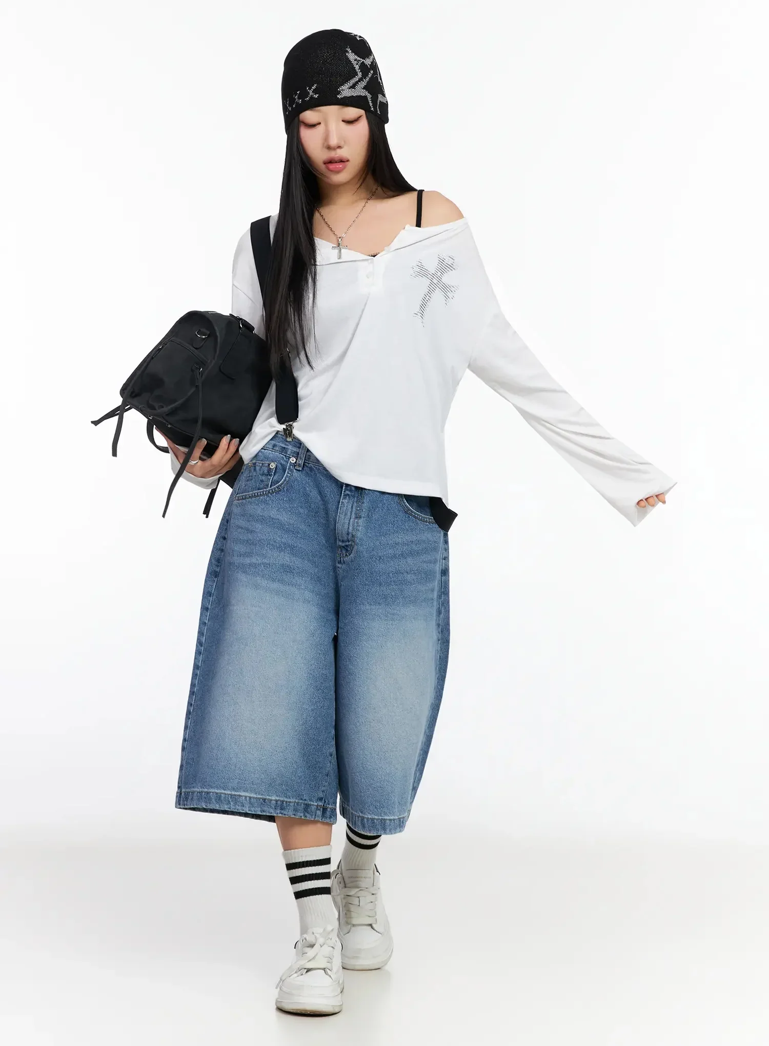 Oversized Cross Detail Long-Sleeve Top CA513
