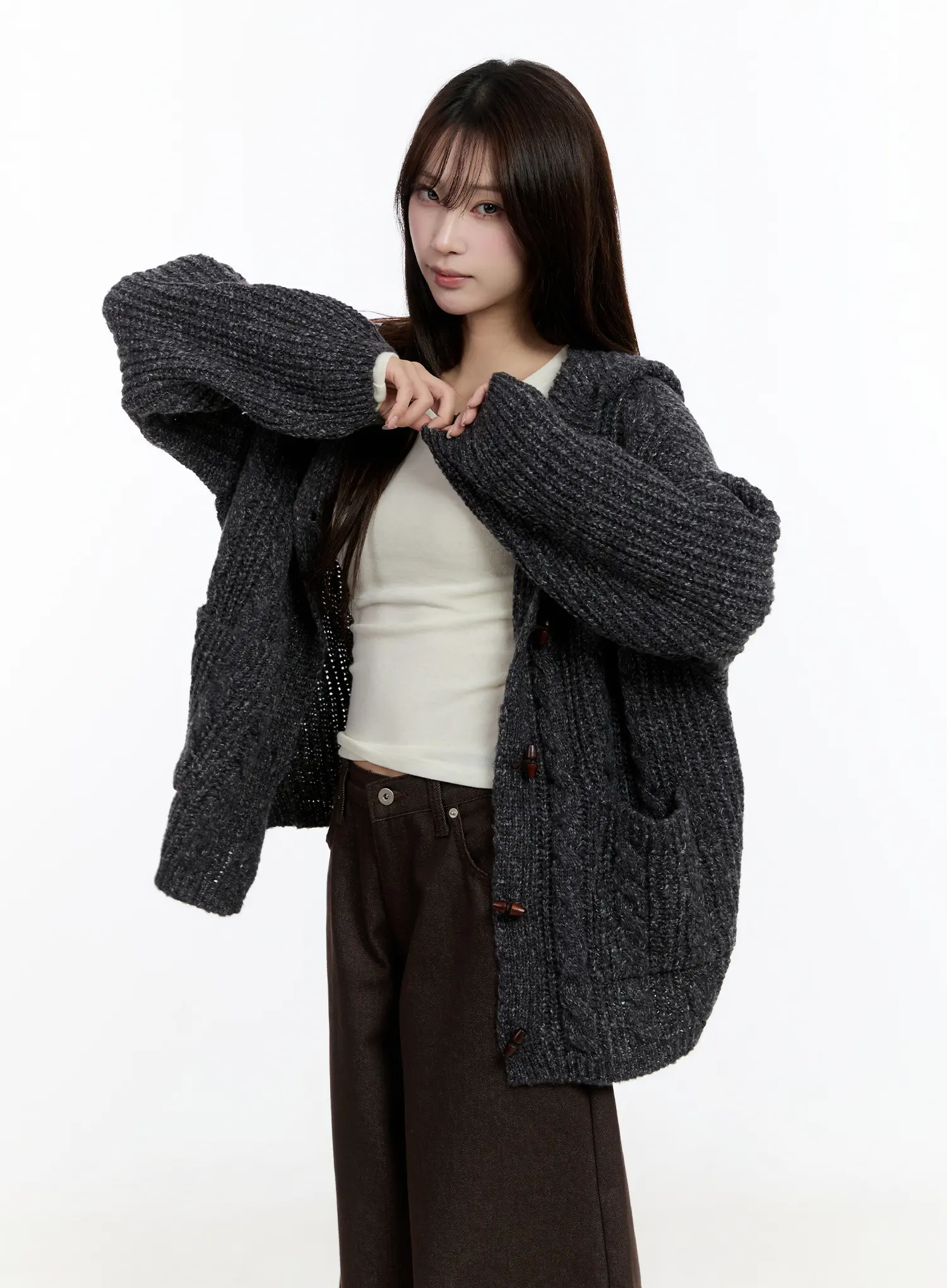 Oversized Knit Button-Up Hoodie CN524 - Image 14